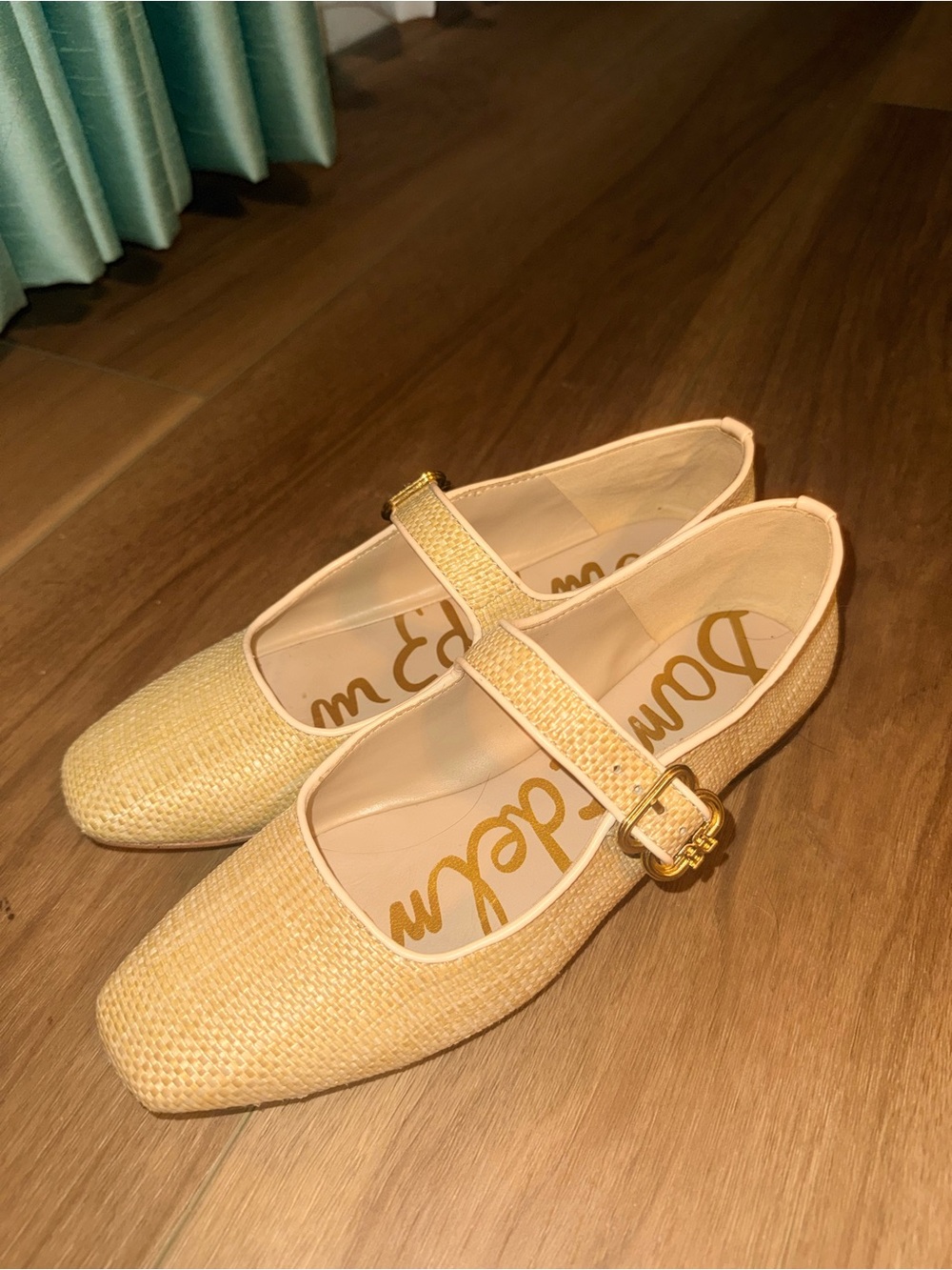 Sam Edelman Cream Woven Mary Jane Flats with Gold Buckle